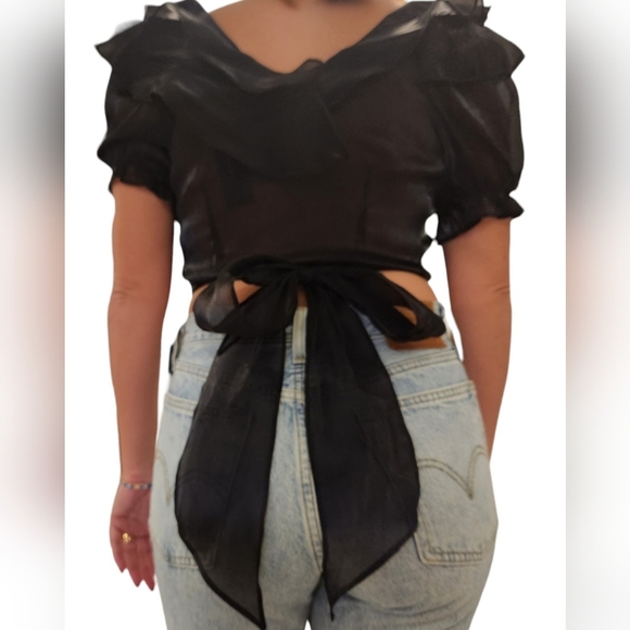 Lulu's Master of Style Black Puff Sleeve Cropped Wrap Top XS Bow Sheer Goth - Picture 3 of 14
